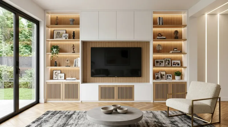 Built-in entertainment center with display shelving