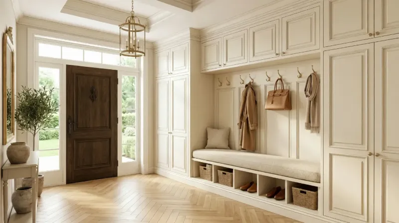 Entryway with built-in bench, hooks, and concealed storage