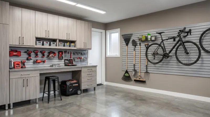Custom garage storage system with cabinets and wall organization