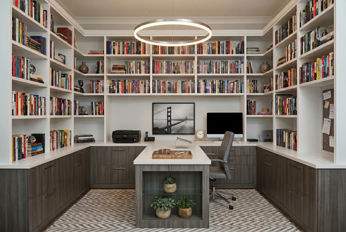 Custom home office with built-in shelving and desk