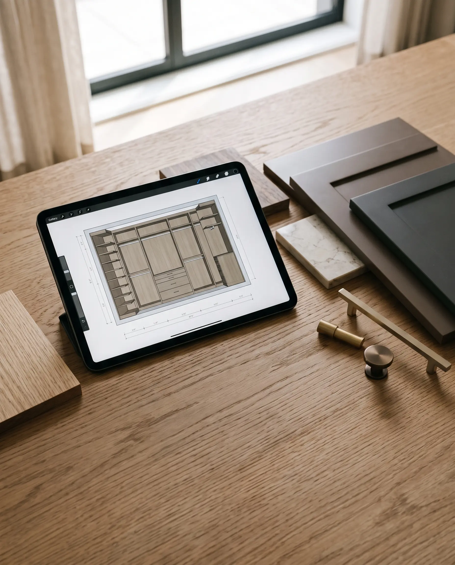 Design consultation with fabric swatches and architectural drawings