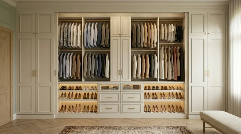 Organized reach-in closet with double hanging rods and shelving