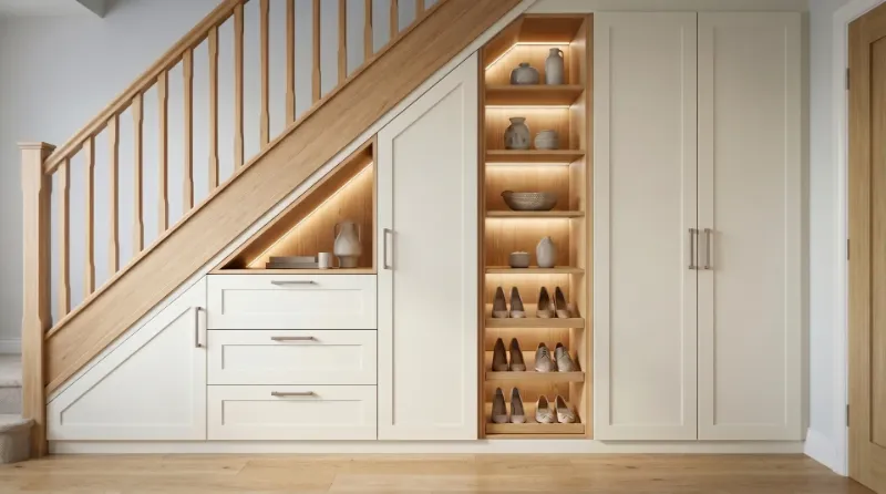 Custom storage built into the space under a staircase