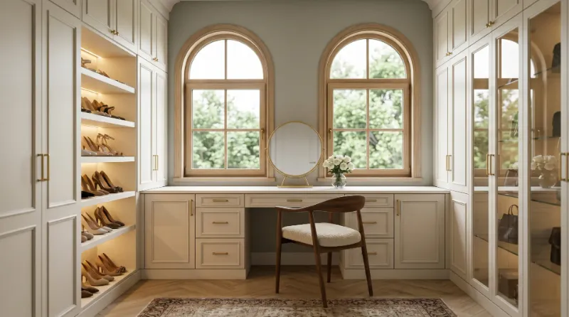 Walk-in closet with warm wood cabinetry and integrated lighting